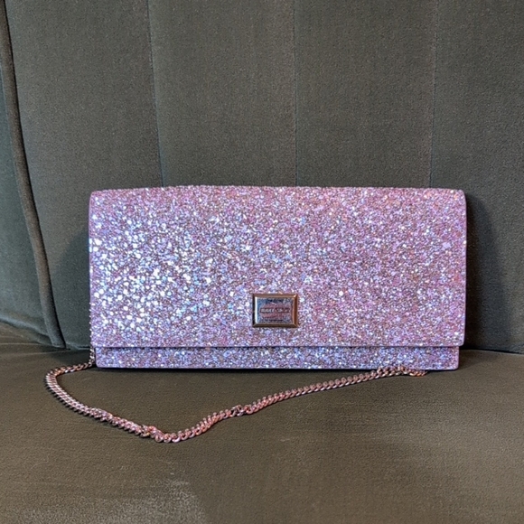 Jimmy Choo Lilia Pink Glitter Clutch with Gold Shoulder Strap - Picture 1 of 12